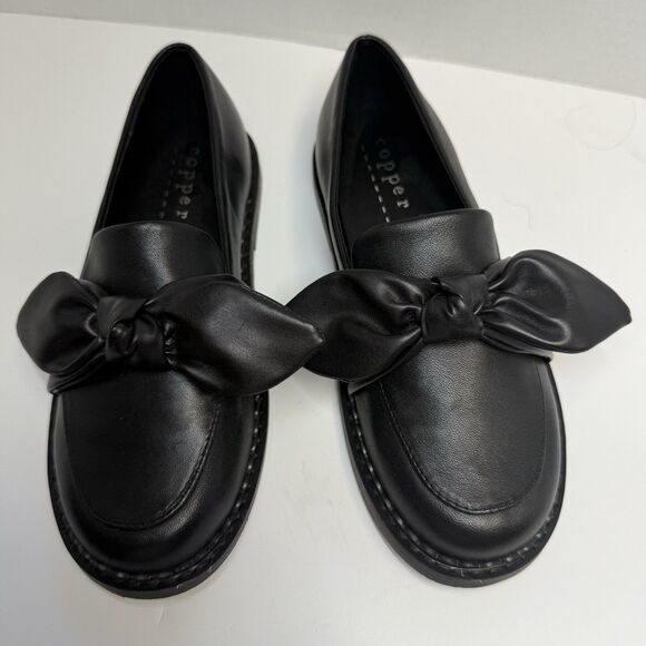 Copper Key Girls Leather Front Bow Slip On Black Shoe Loafers Sz 2 New - Picture 1 of 8